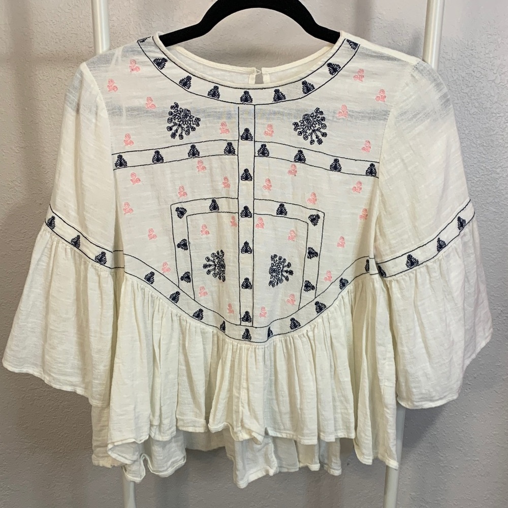 True Craft Cream Blouse with Navy and Pink‎ Embroidery